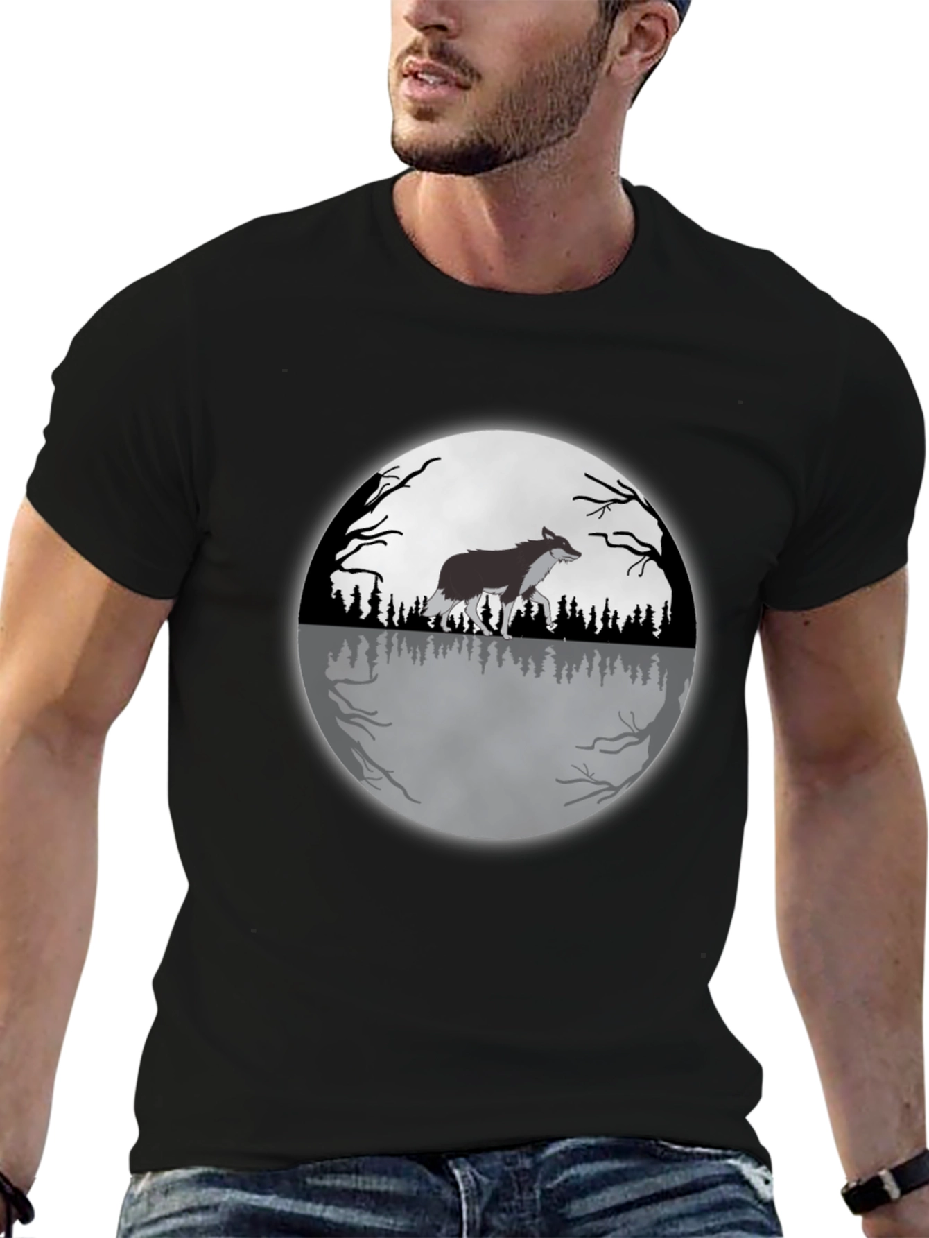 Black Wolf Moon Graphic Tee - Black Cotton T-Shirt view 6