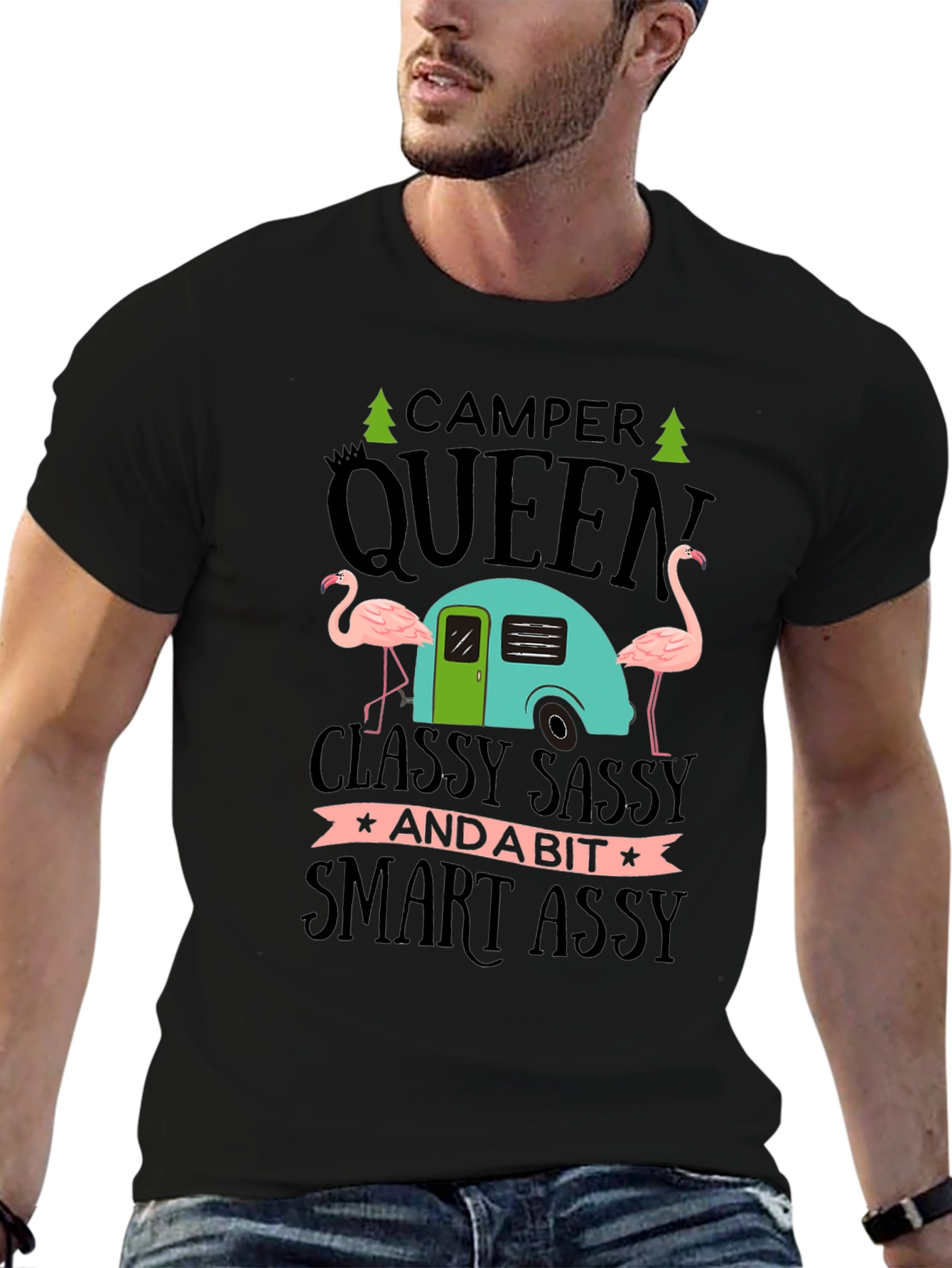 Black Camper Queen Flamingo Graphic T-Shirt view 6