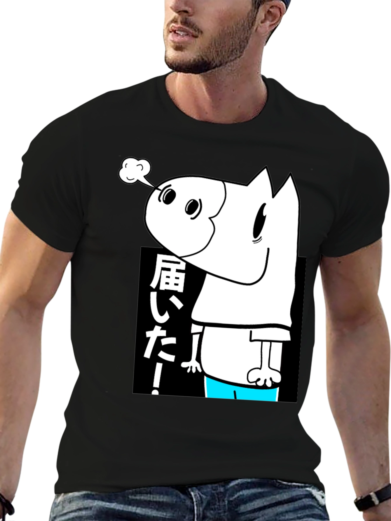 Black Men's Black T-Shirt with Cartoon Graphic view 6