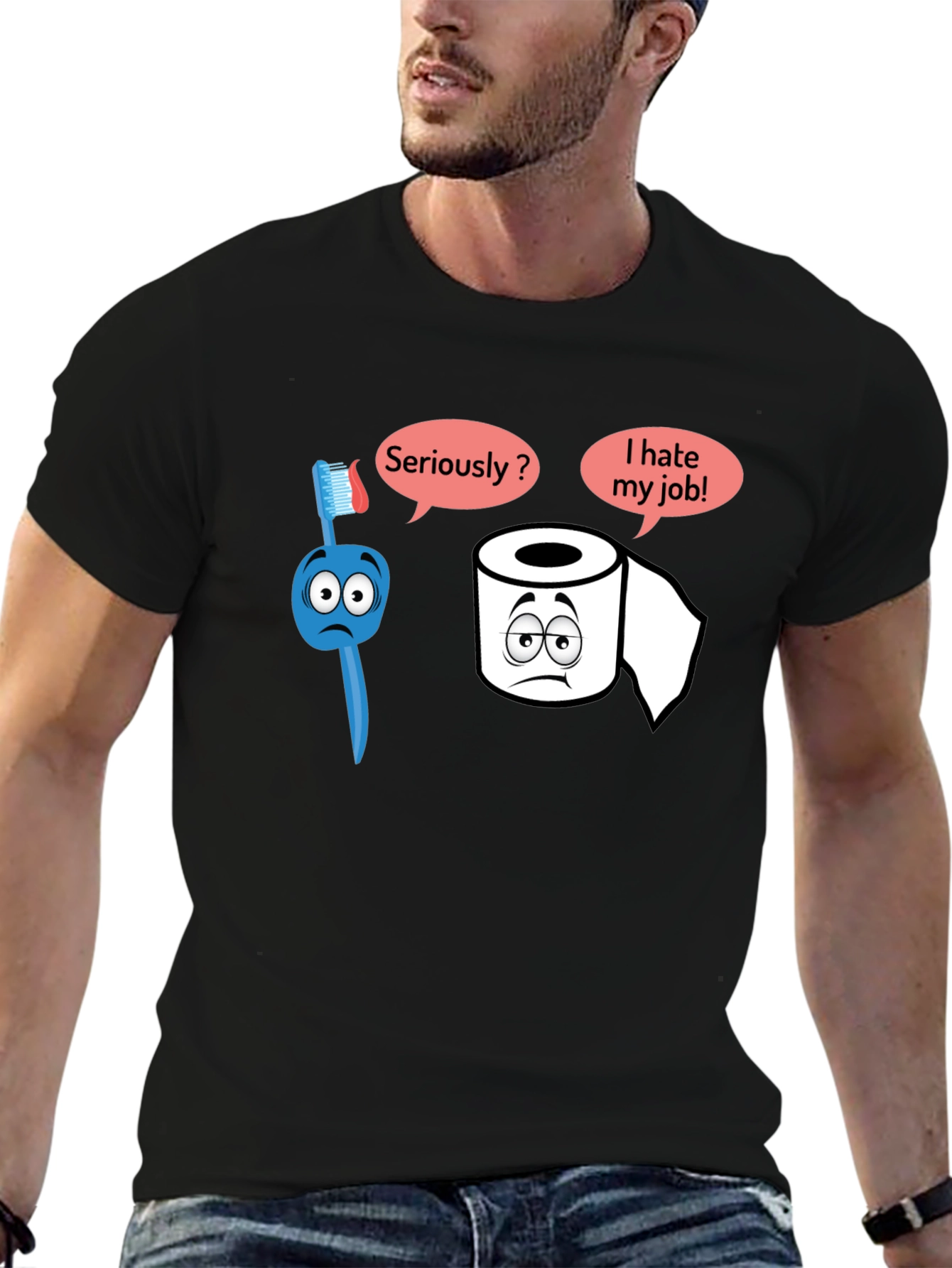 Black Humorous T-Shirt: Toothbrush and Toilet Paper view 6