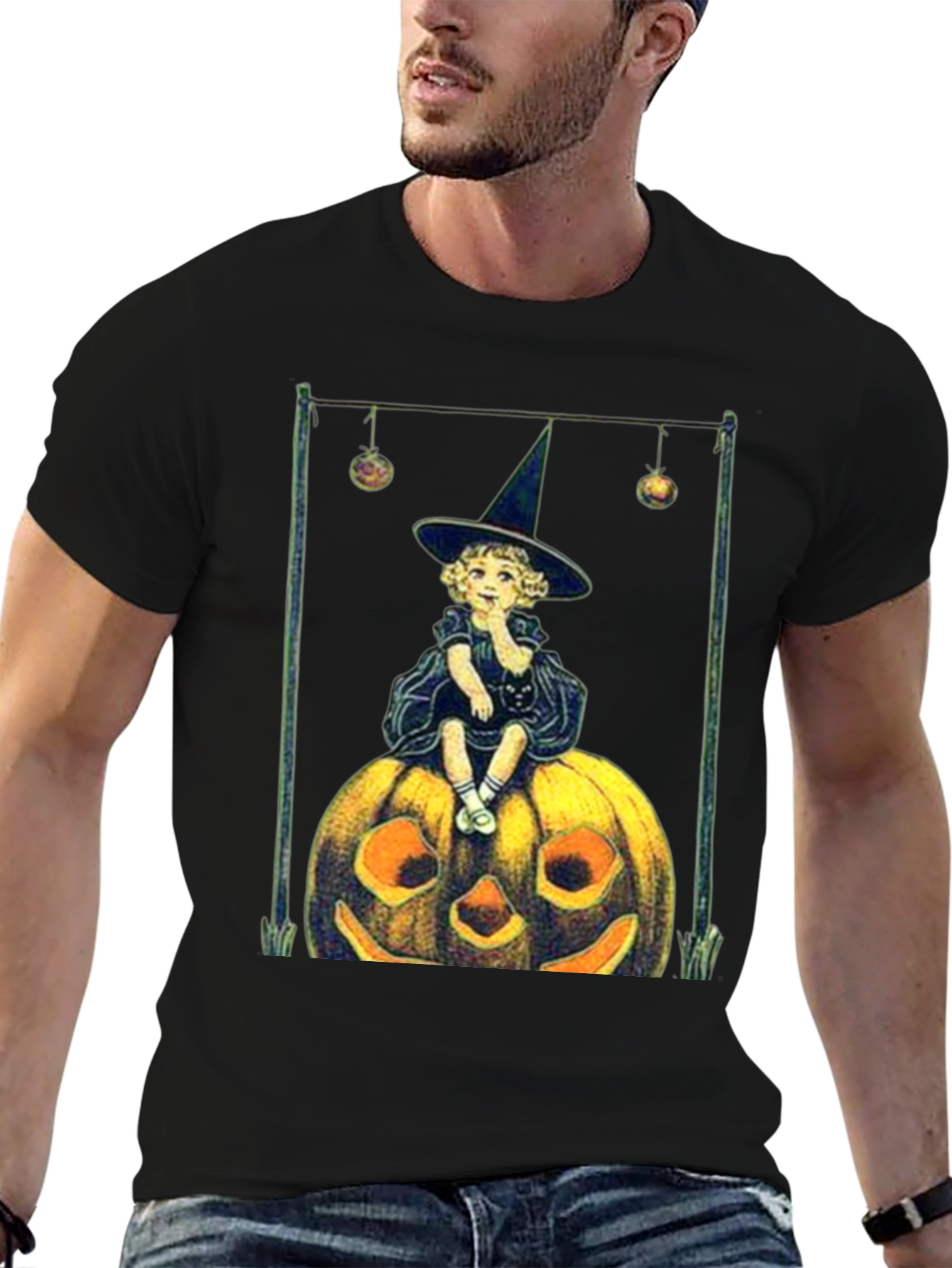 Black Vintage Witch on Pumpkin Halloween Tee view 6