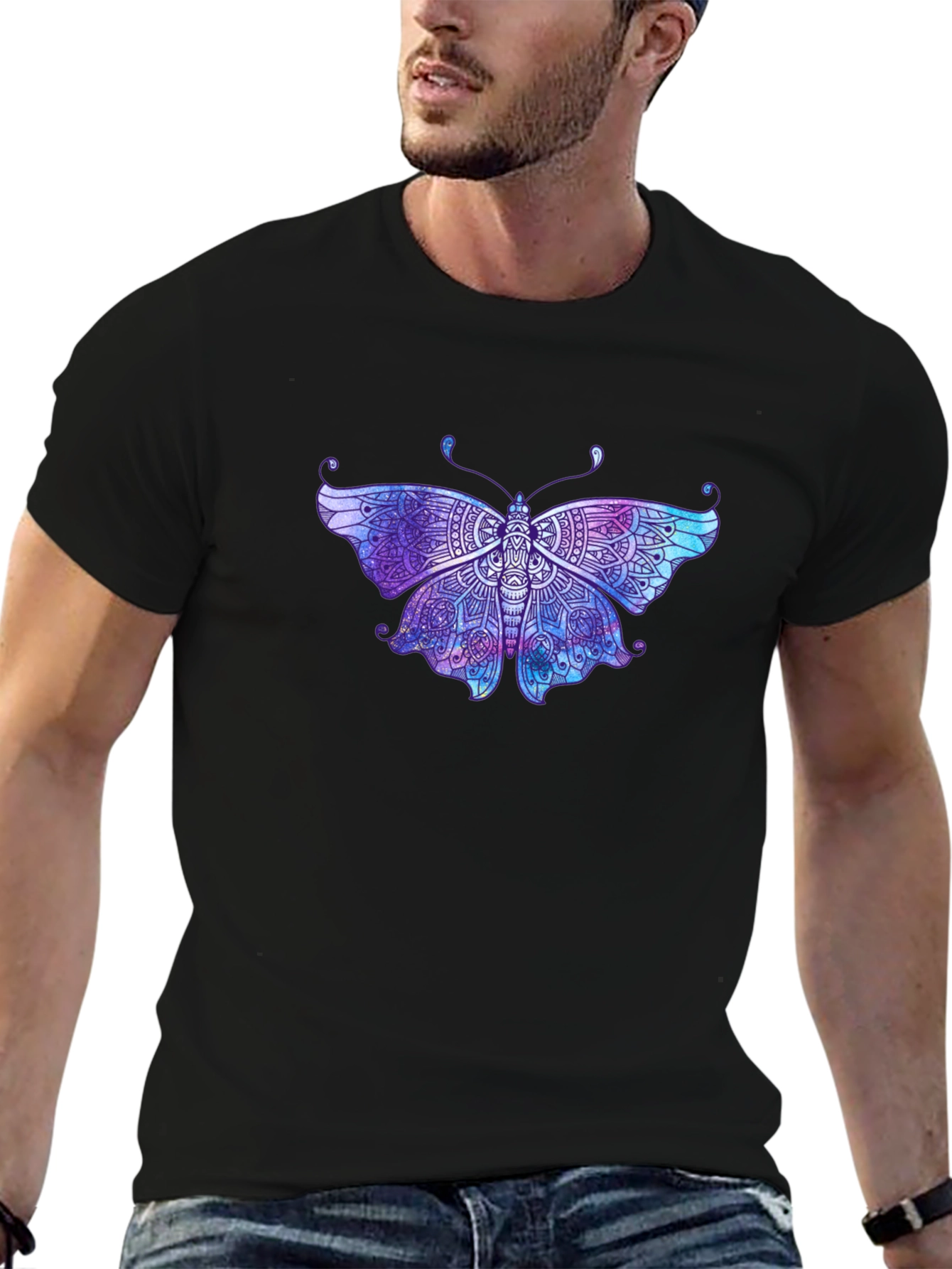 Black Butterfly Mandala Graphic Tee - Black Cotton T-Shirt view 6