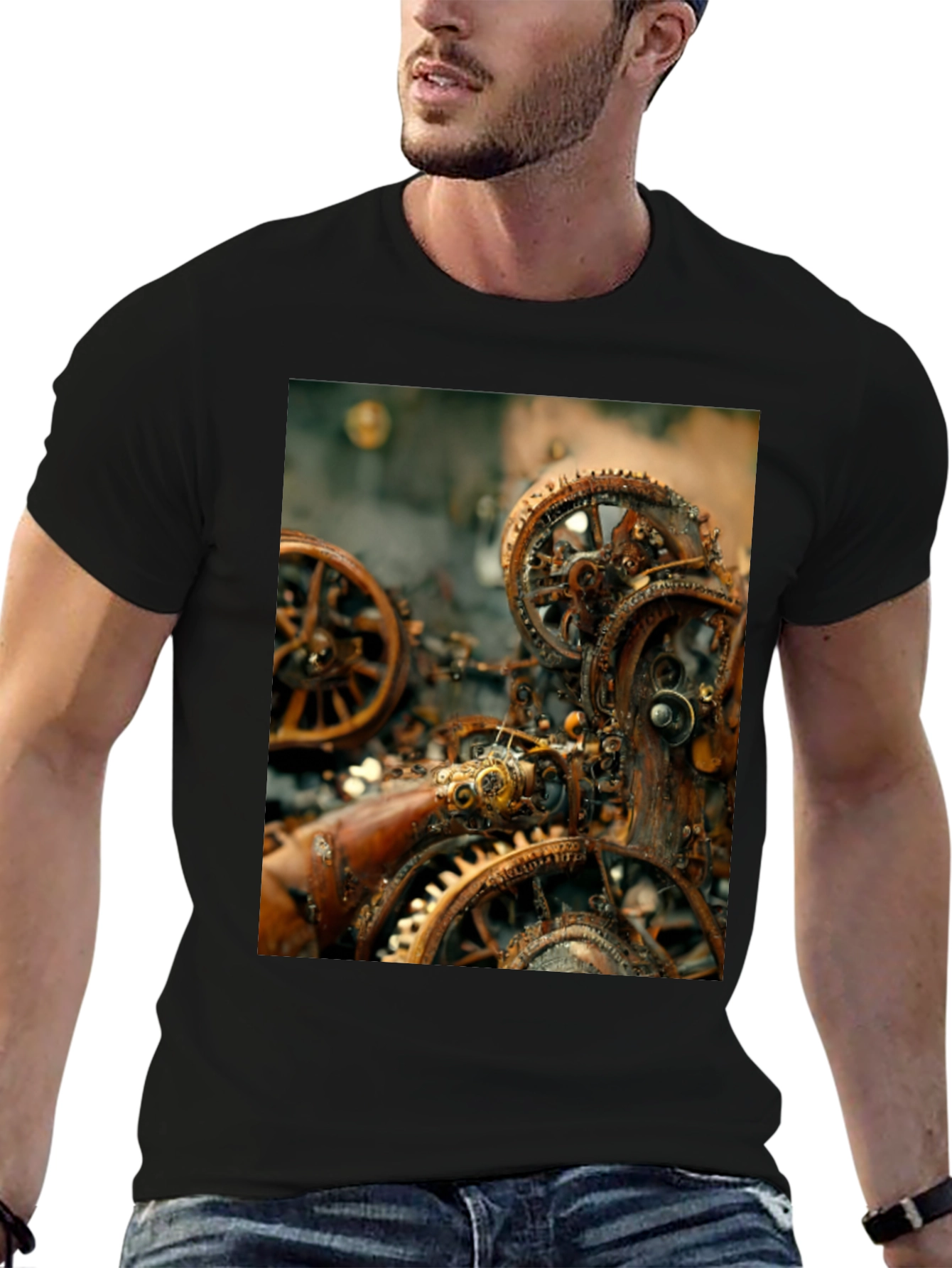 Black Steampunk Gears Graphic Tee - Black Cotton T-Shirt view 6