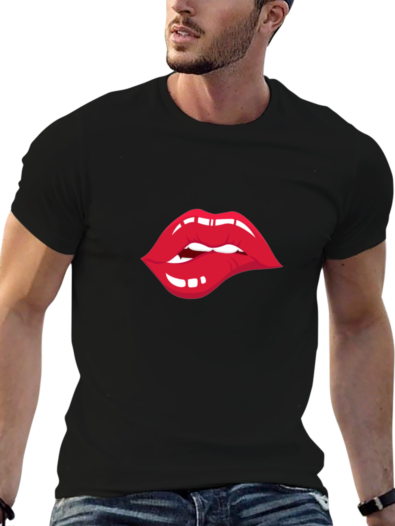 Black Biting Lips Graphic T-Shirt - Unisex Crew Neck Tee view 6