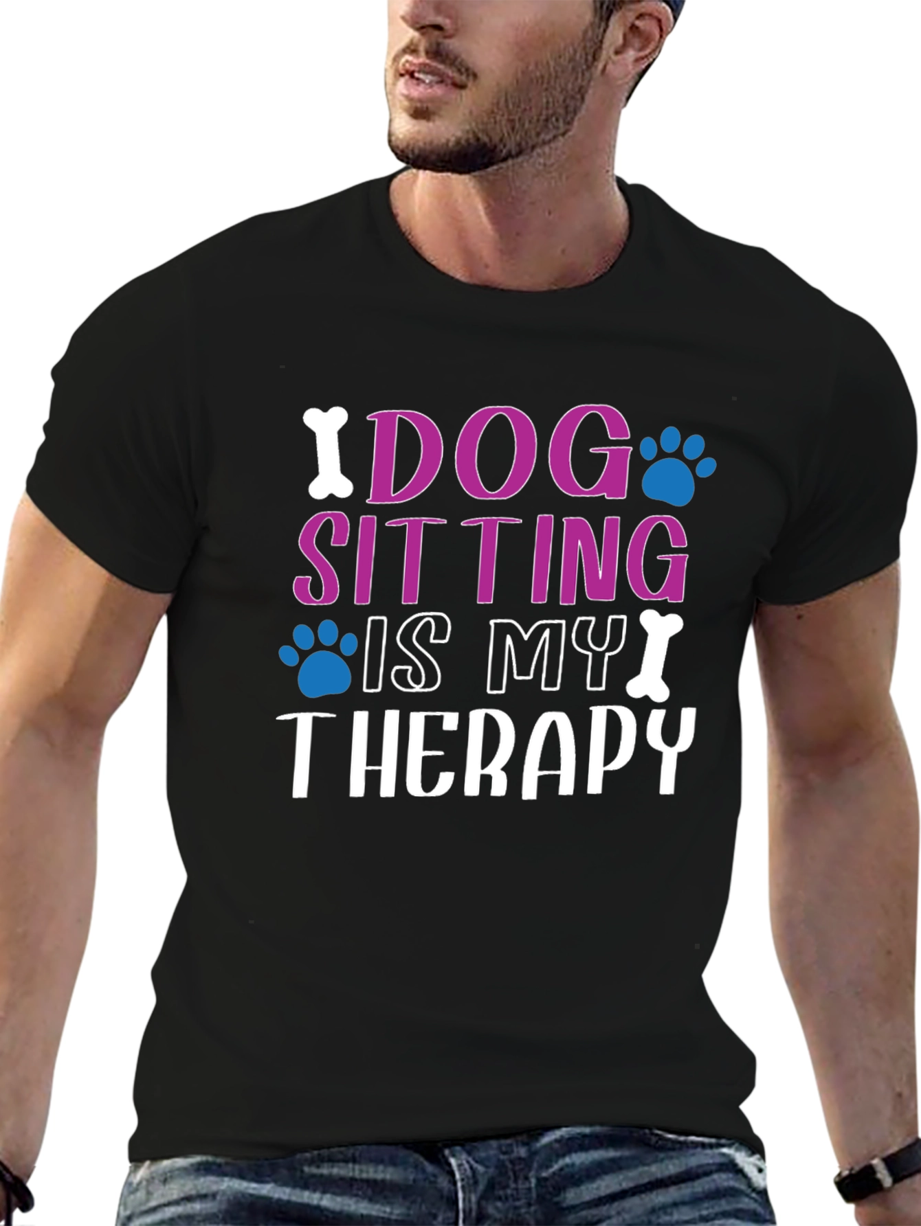 Black Dog Sitting Is My Therapy Black T-Shirt view 6