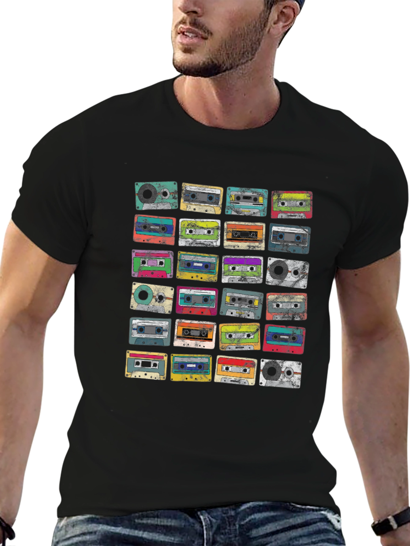 Black Retro Cassette Tapes Graphic Tee - Vintage Music Lover Shirt view 6