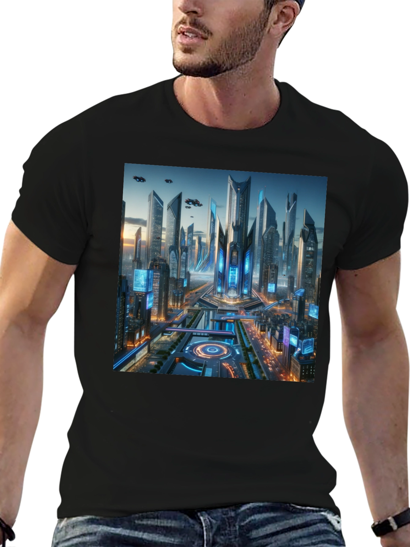 Black Futuristic Cityscape Graphic Black T-Shirt view 6