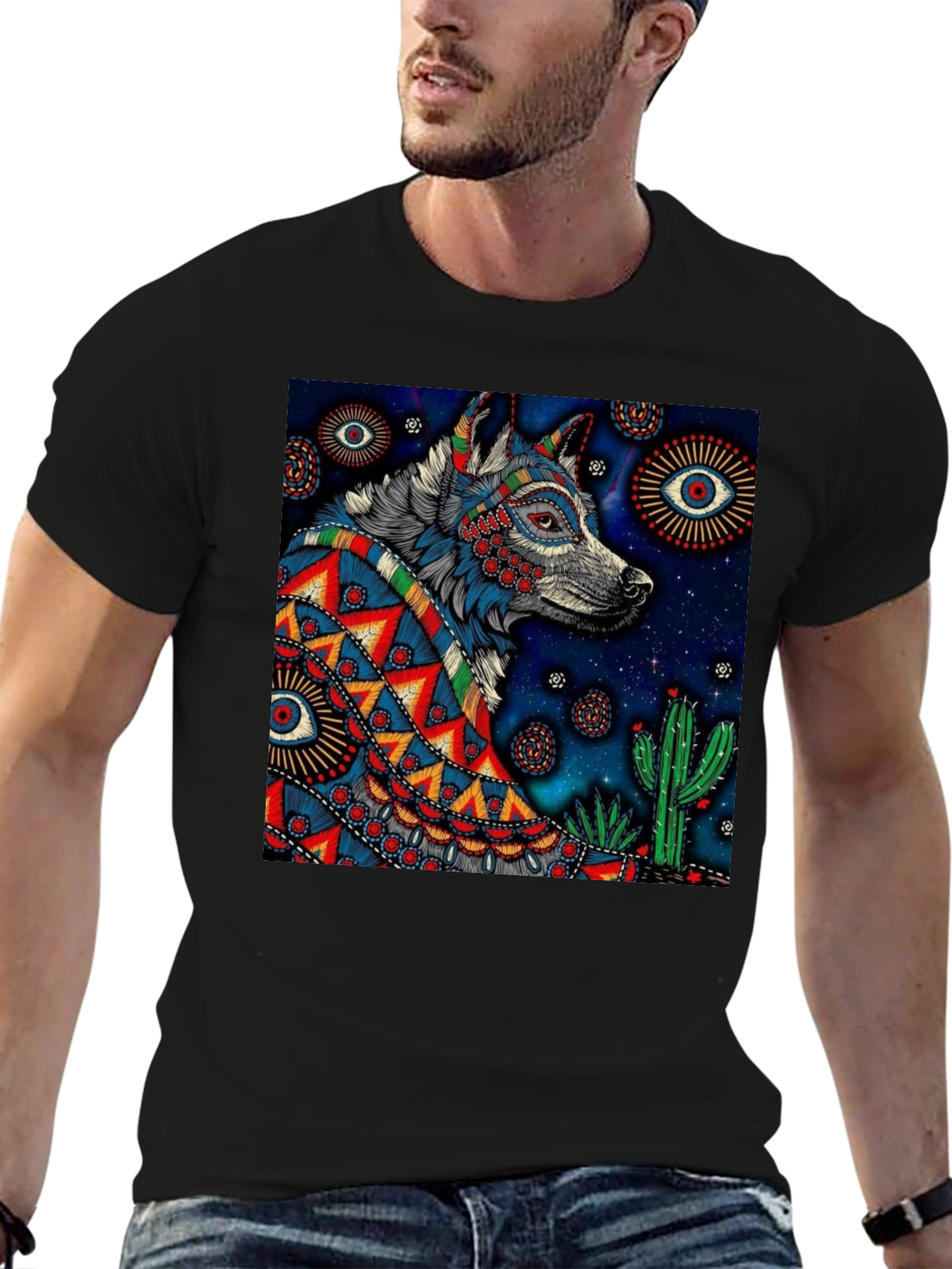 Black Wolf Graphic Print Tee - Men's Black T-Shirt view 6