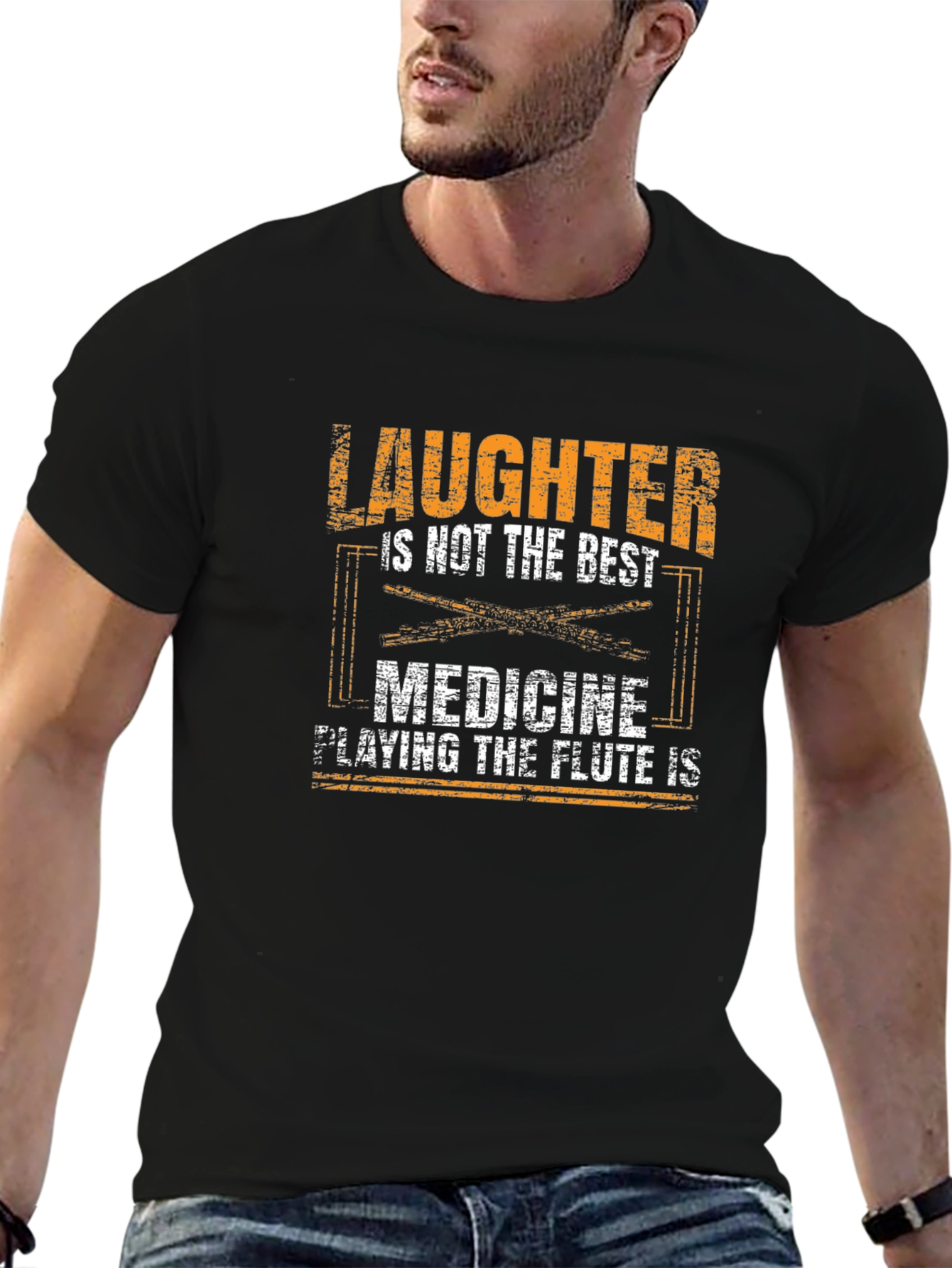 Black Funny Flute Player T-Shirt - Music is the Best Medicine view 6