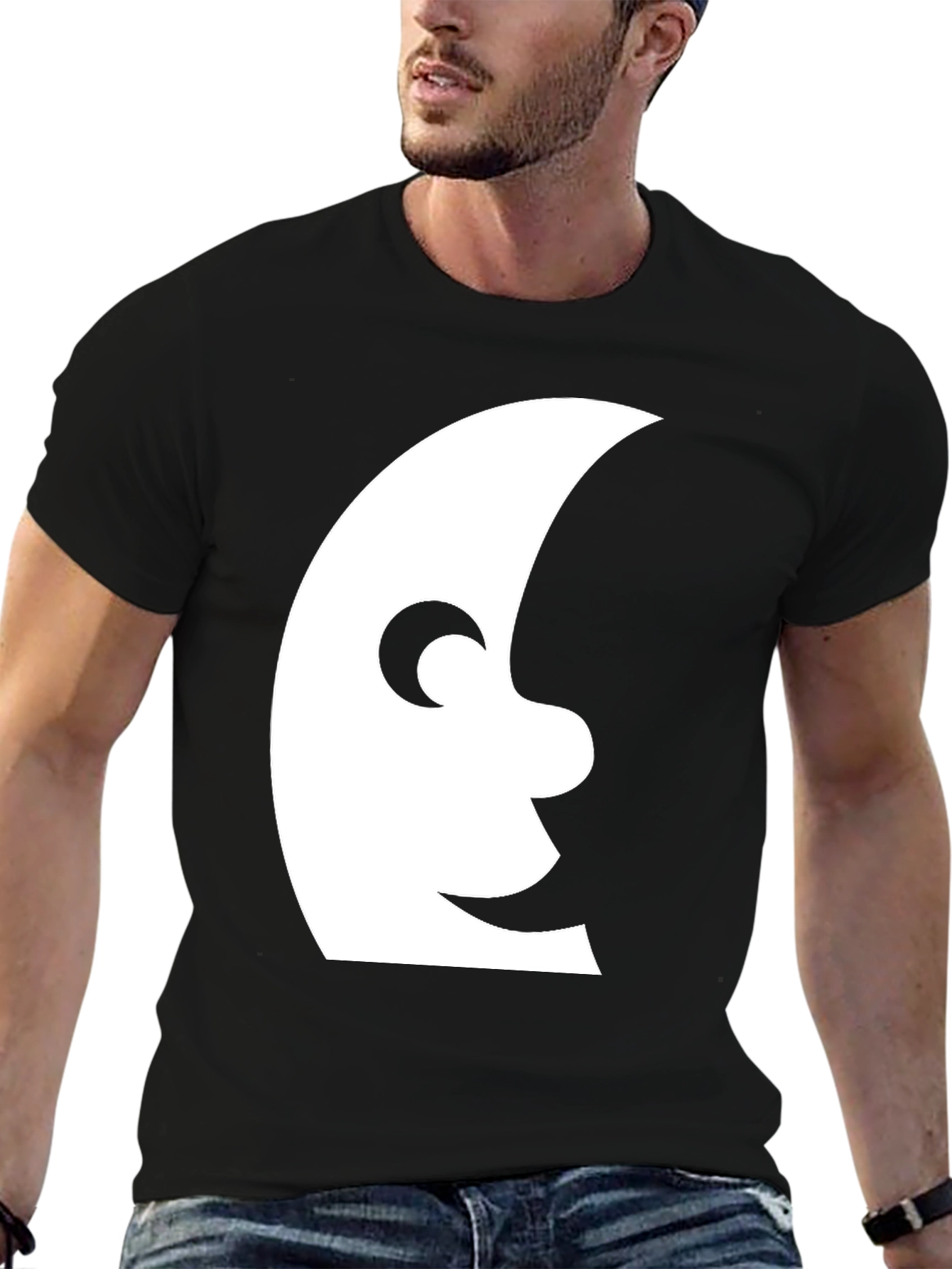 Black Men's Black T-Shirt with Moon Face Graphic view 6