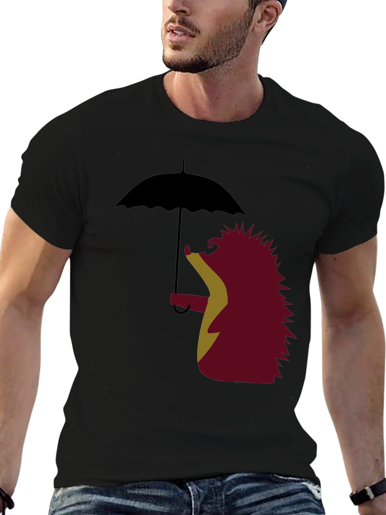 Black Whimsical Hedgehog Under Umbrella Graphic Tee view 6