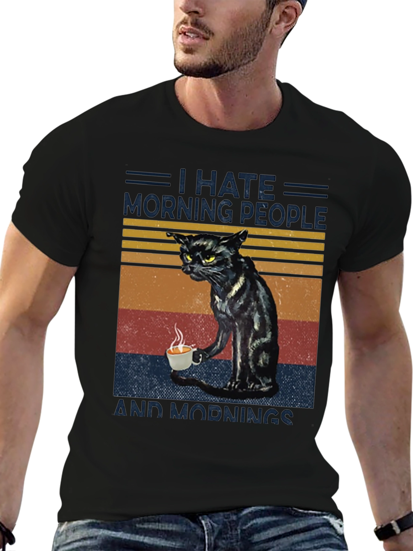 Black I Hate Morning People Cat Graphic T-Shirt view 6