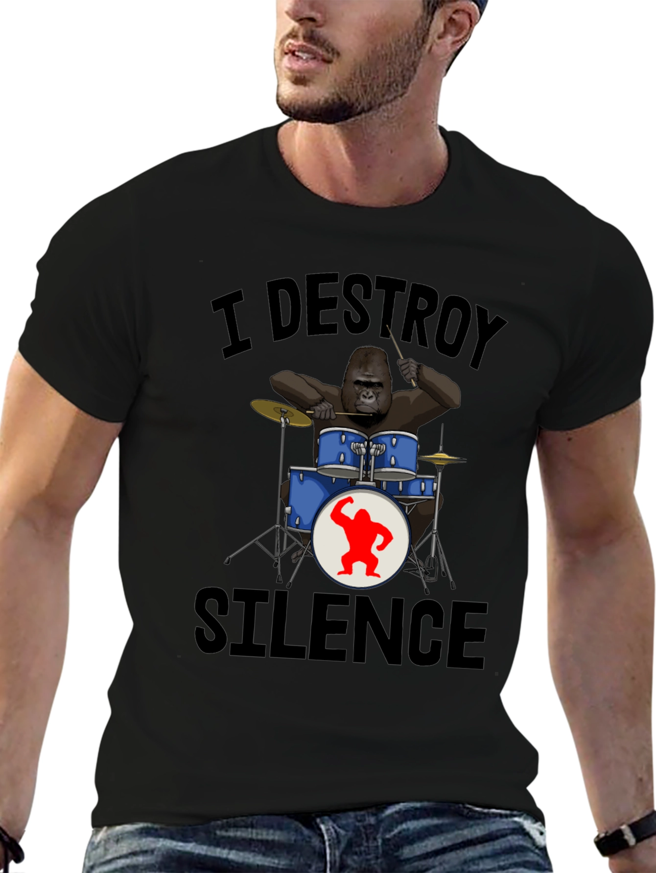 Black I Destroy Silence Gorilla Drummer T-Shirt view 6