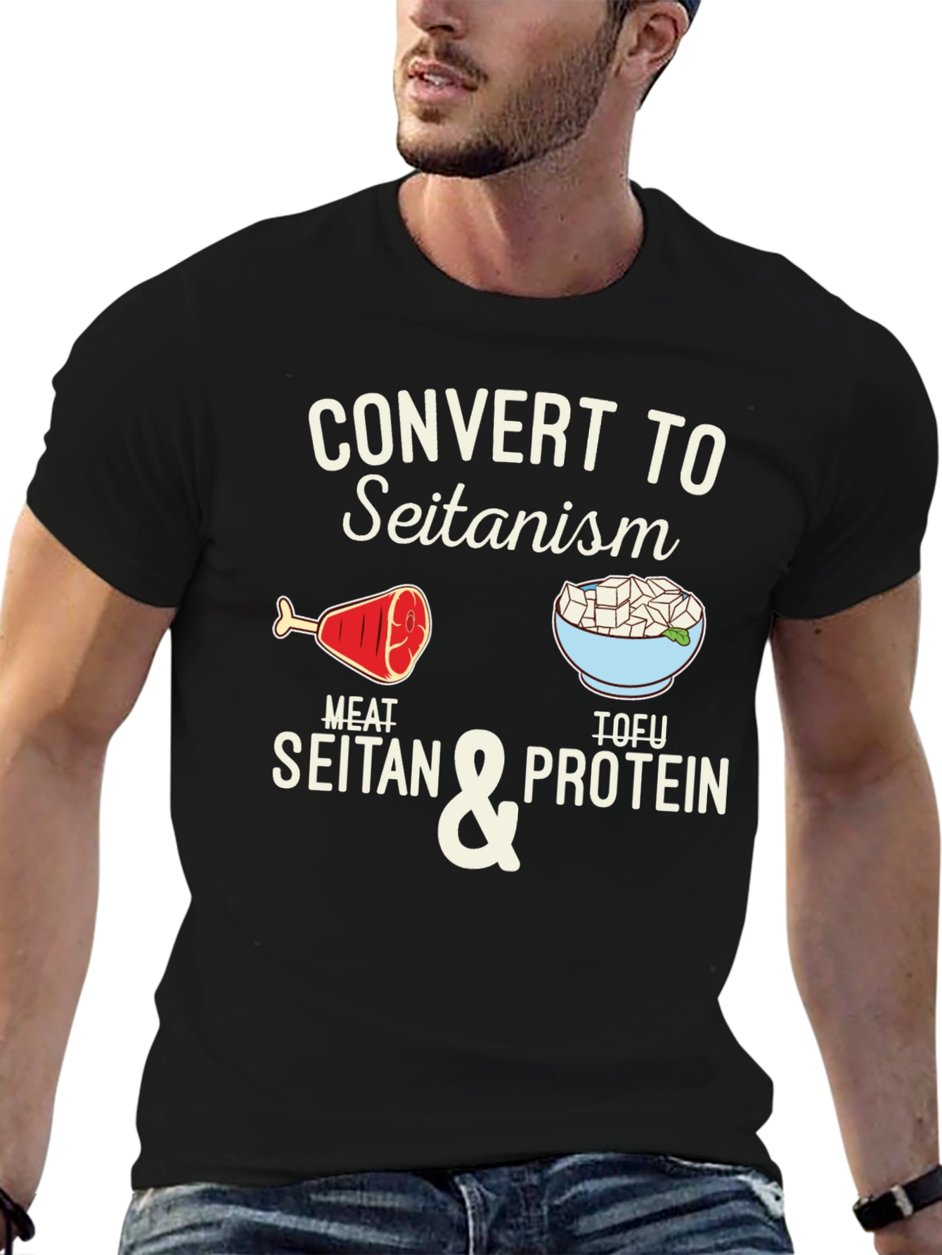 Black Convert to Seitanism T-Shirt - Vegan & Vegetarian Humor Tee view 6