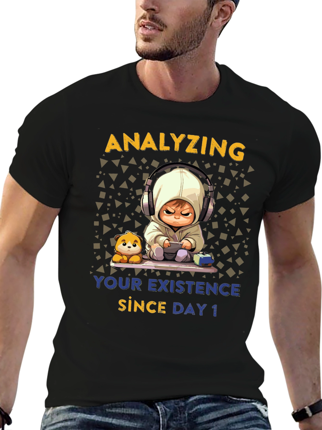 Black Analyzing Existence T-Shirt - Funny Gamer Baby Tee view 6