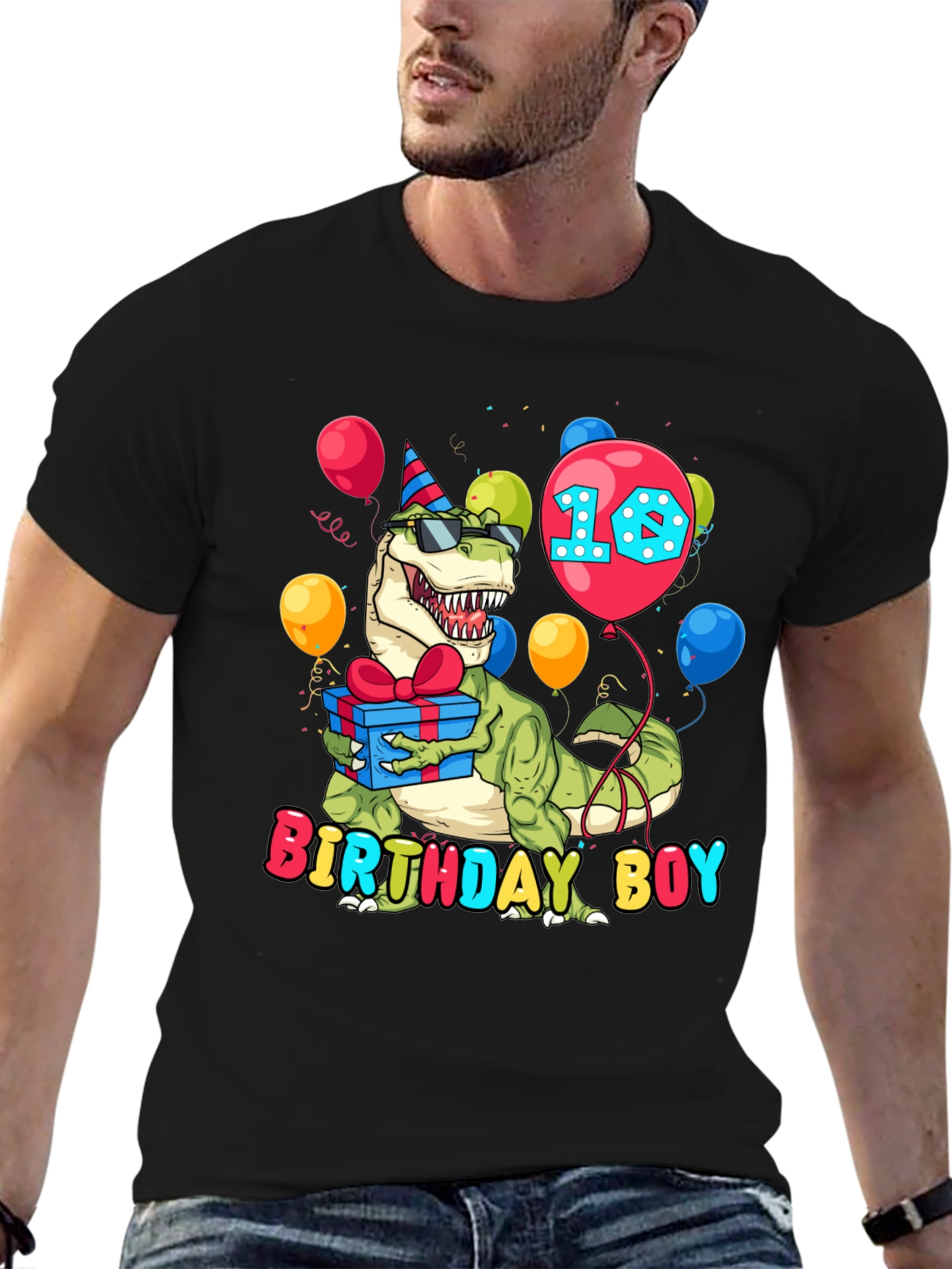 Black Birthday Boy Dinosaur T-Shirt - Dino 10th Birthday view 6