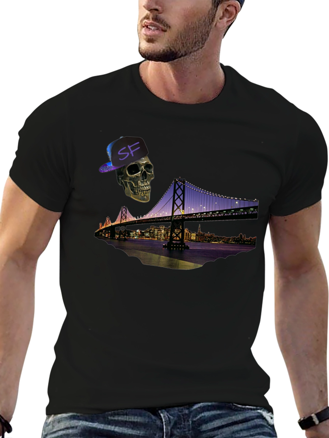 Black Skull SF Bridge Graphic Tee - Men's Black T-Shirt view 6