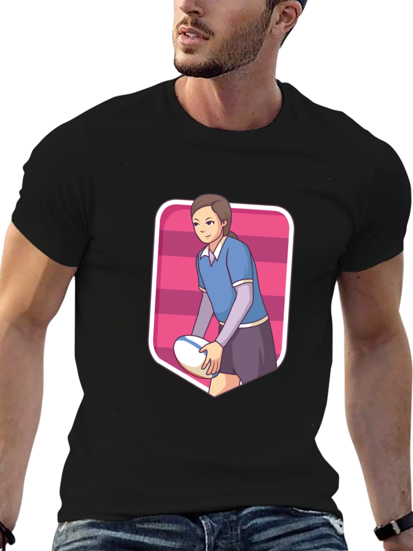 Black Rugby Girl Graphic Tee - Sporty Cartoon Style view 6
