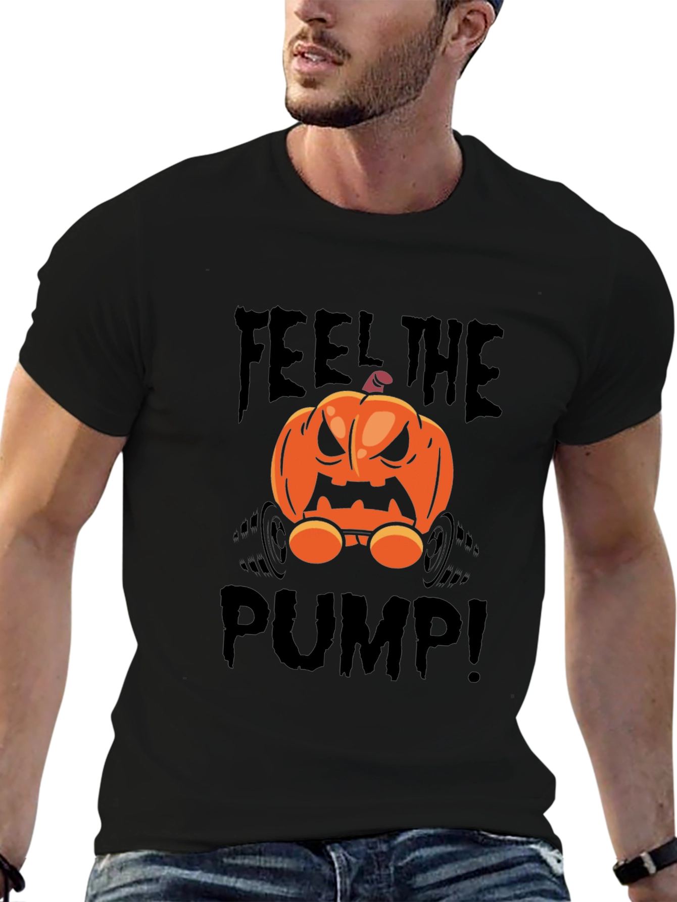 Black Halloween Pumpkin Feel The Pump T-Shirt view 6