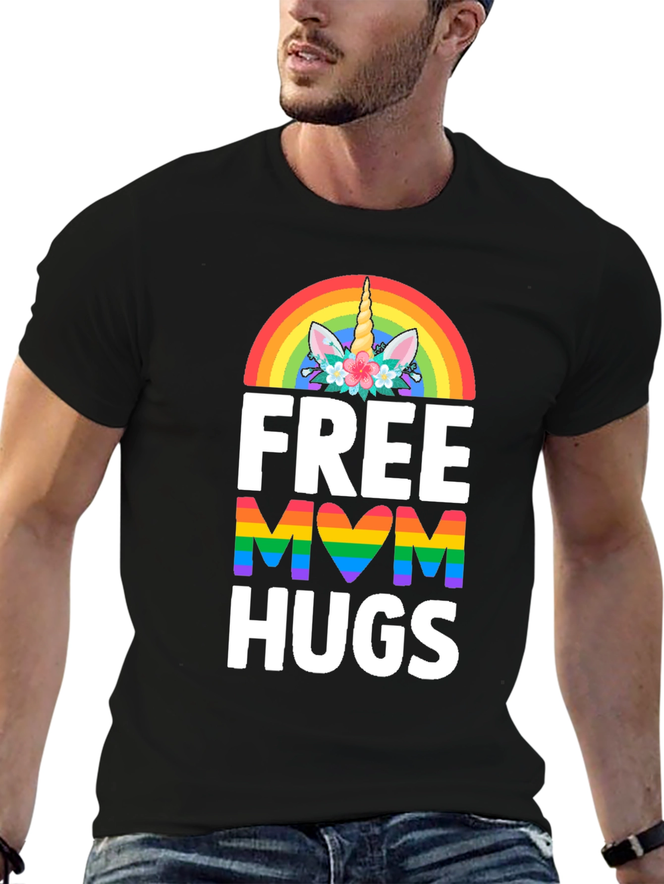 Black Free Mom Hugs Unicorn Rainbow Pride T-Shirt view 6