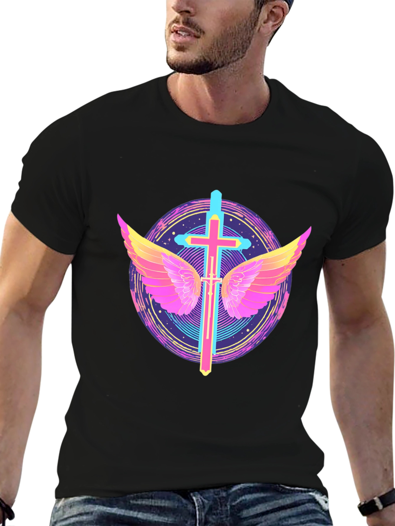 Black Neon Cross & Wings Graphic Black T-Shirt view 6