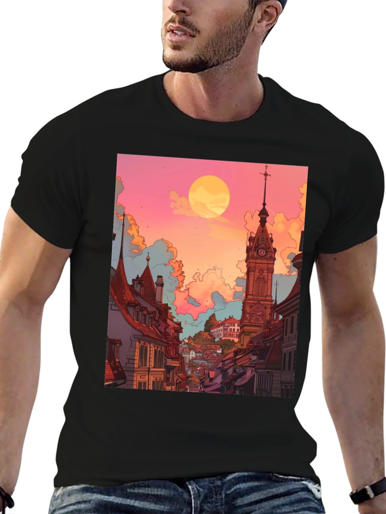 Black Retro Cityscape Graphic Tee - Unisex Black T-Shirt view 6