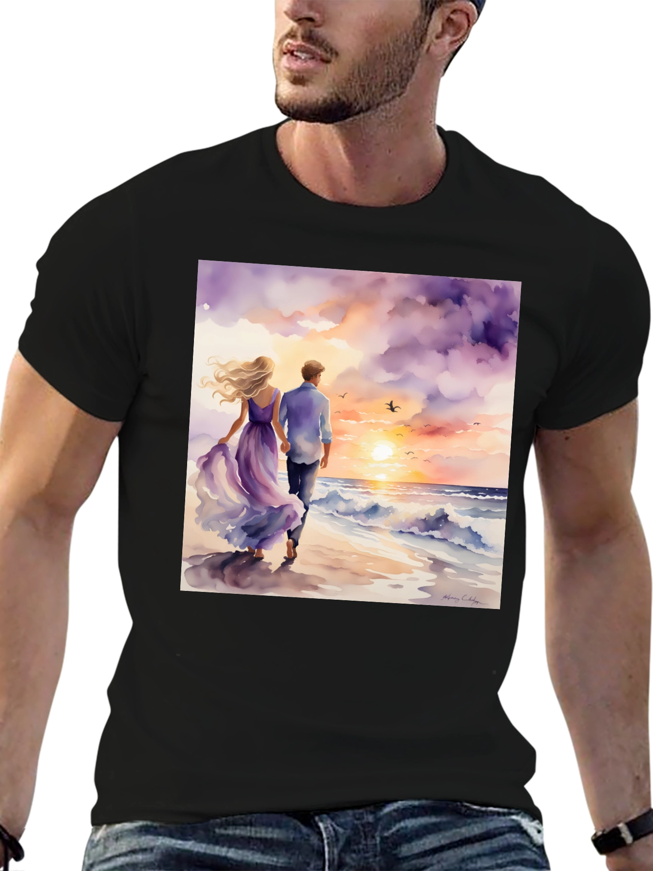 Black Romantic Sunset Couple T-Shirt view 6