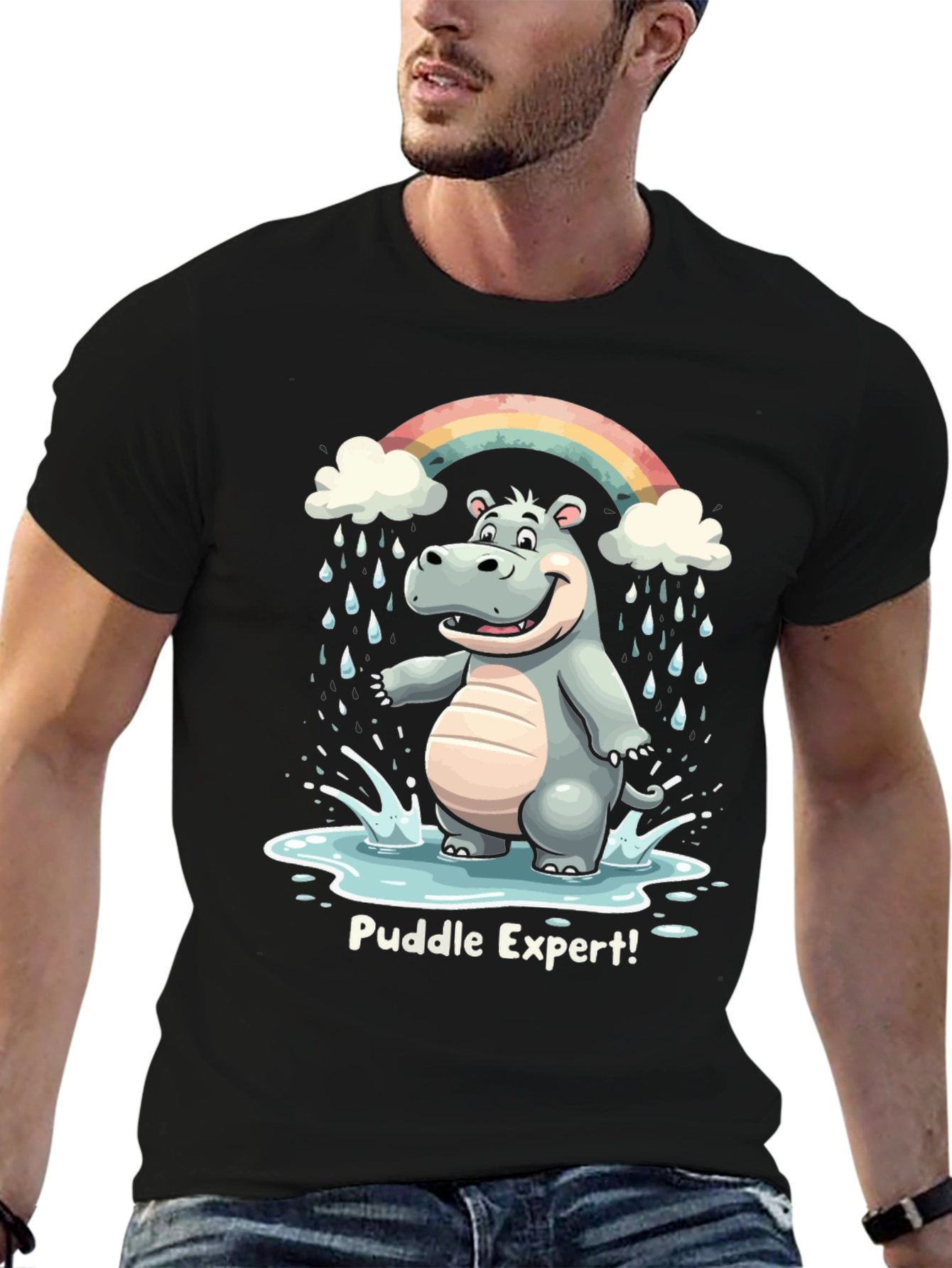 Black Puddle Expert Hippo T-Shirt - Funny Animal Tee view 6