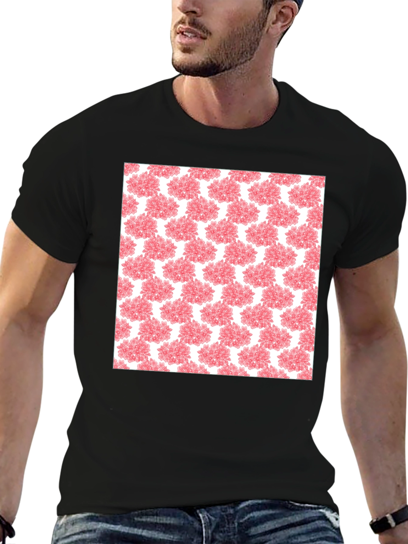 Black Floral Pattern Black T-Shirt view 6