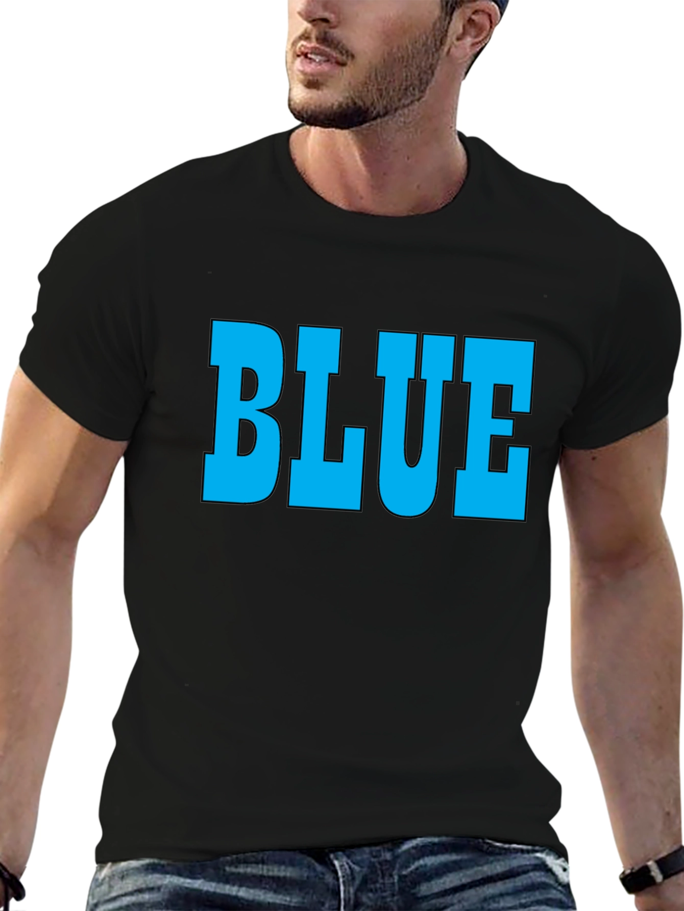 Black Bold "BLUE" Graphic T-Shirt - Classic Crew Neck Tee view 6