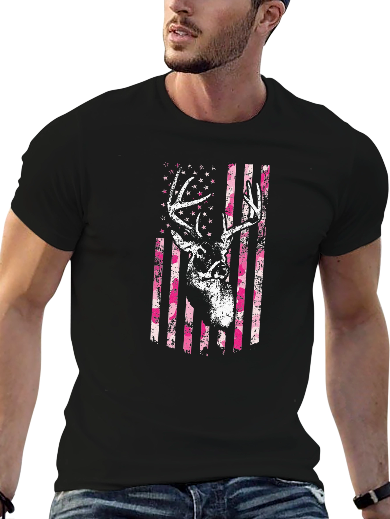 Black Deer American Flag Graphic T-Shirt view 6