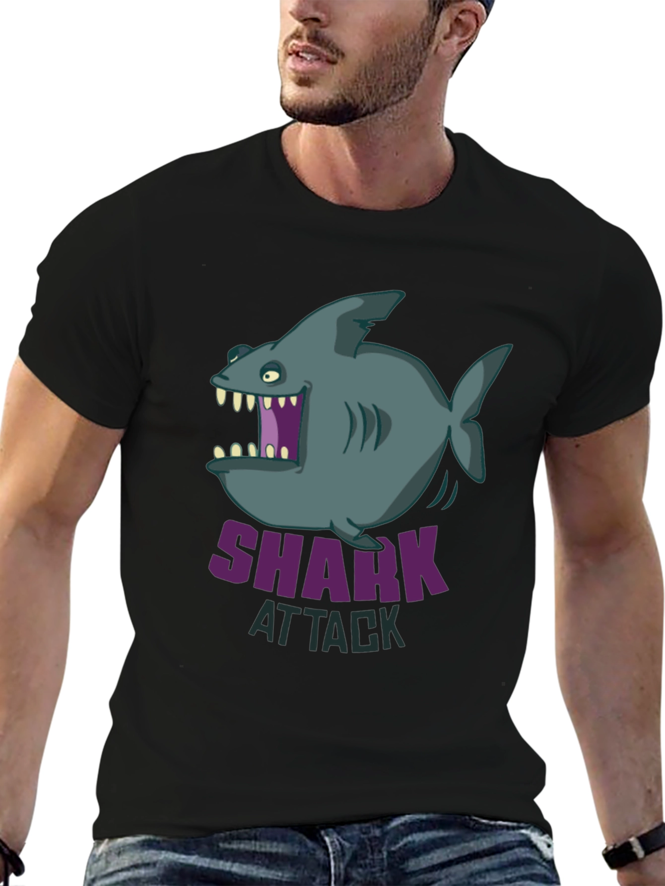 Black Shark Attack Graphic T-Shirt - Cartoon Design view 6