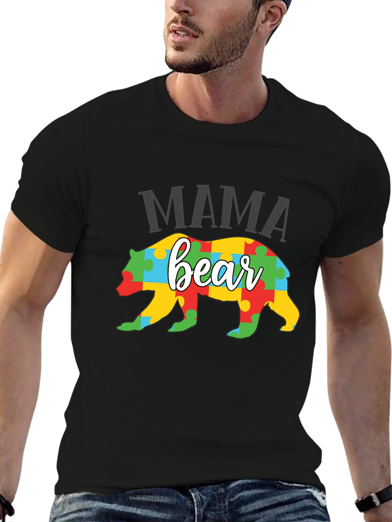 Black Mama Bear Puzzle Piece Autism Awareness T-Shirt view 6