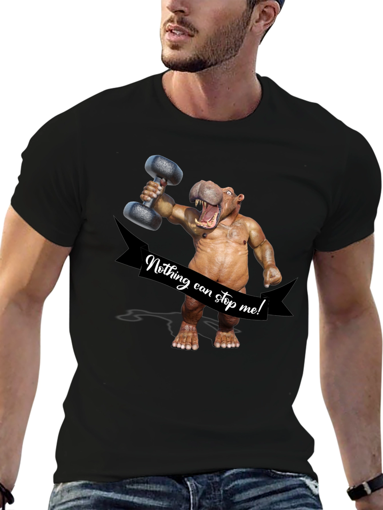 Black Hippo Lifting Dumbbell T-Shirt - Nothing Can Stop Me! view 6