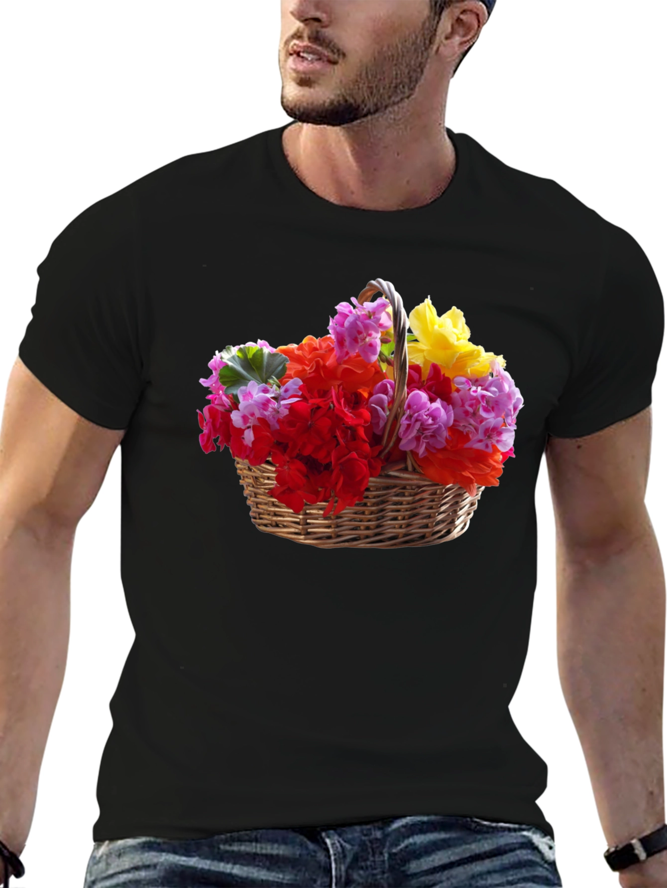 Black Floral Basket Graphic Tee - Mens Casual Short Sleeve T-Shirt view 6
