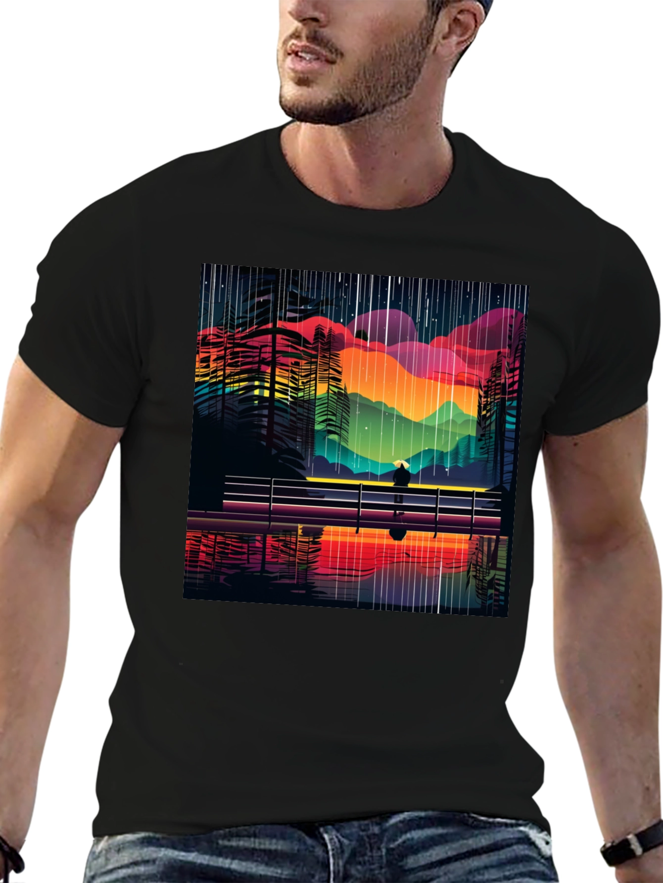 Black Vibrant Abstract Landscape Tee - Stylish Graphic T-Shirt view 6