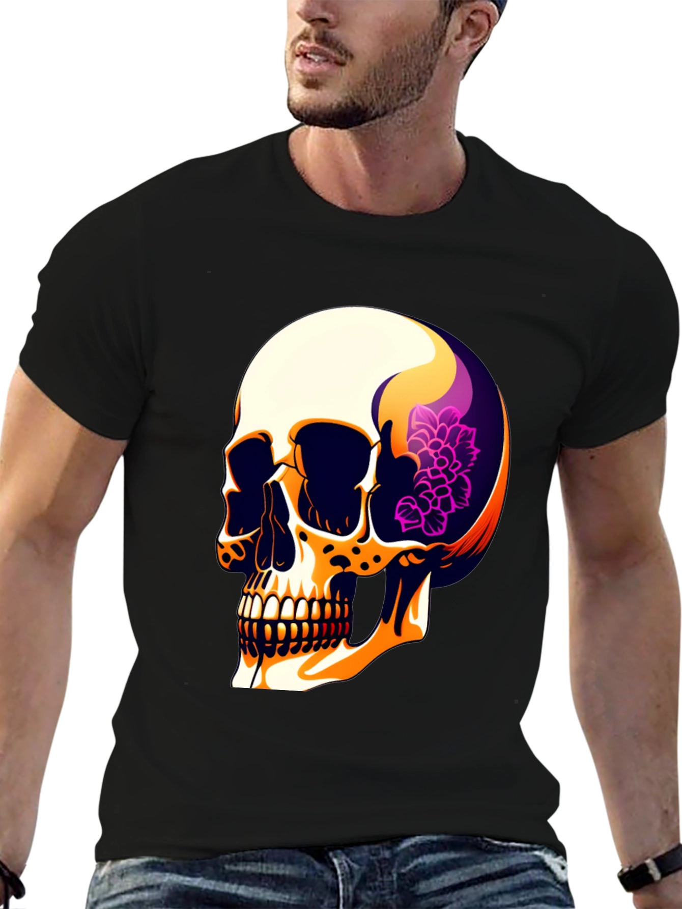 Black Skull & Floral Graphic Print Men's T-Shirt view 6