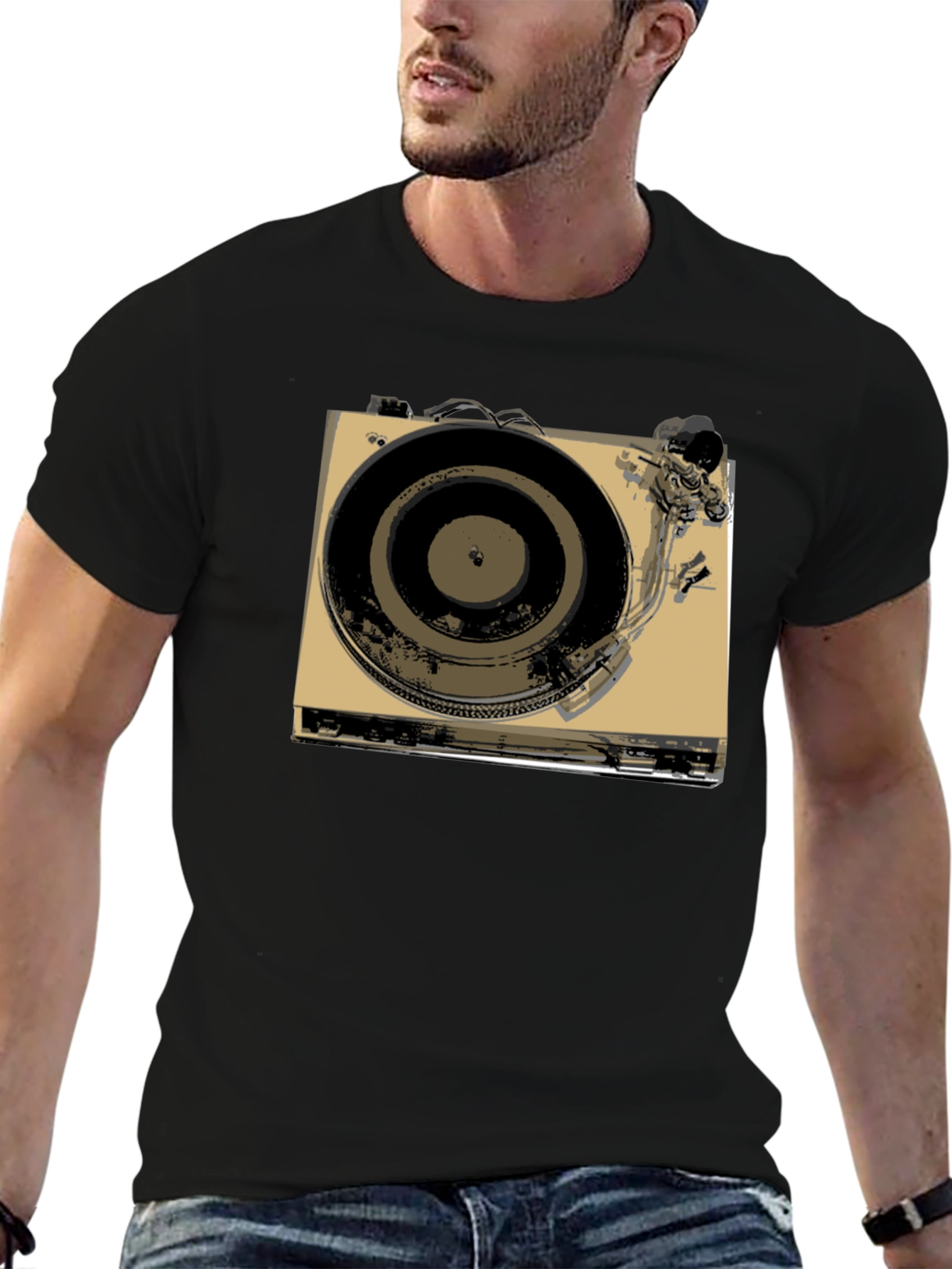 Black Vintage Turntable Graphic Tee - Retro DJ Style view 6