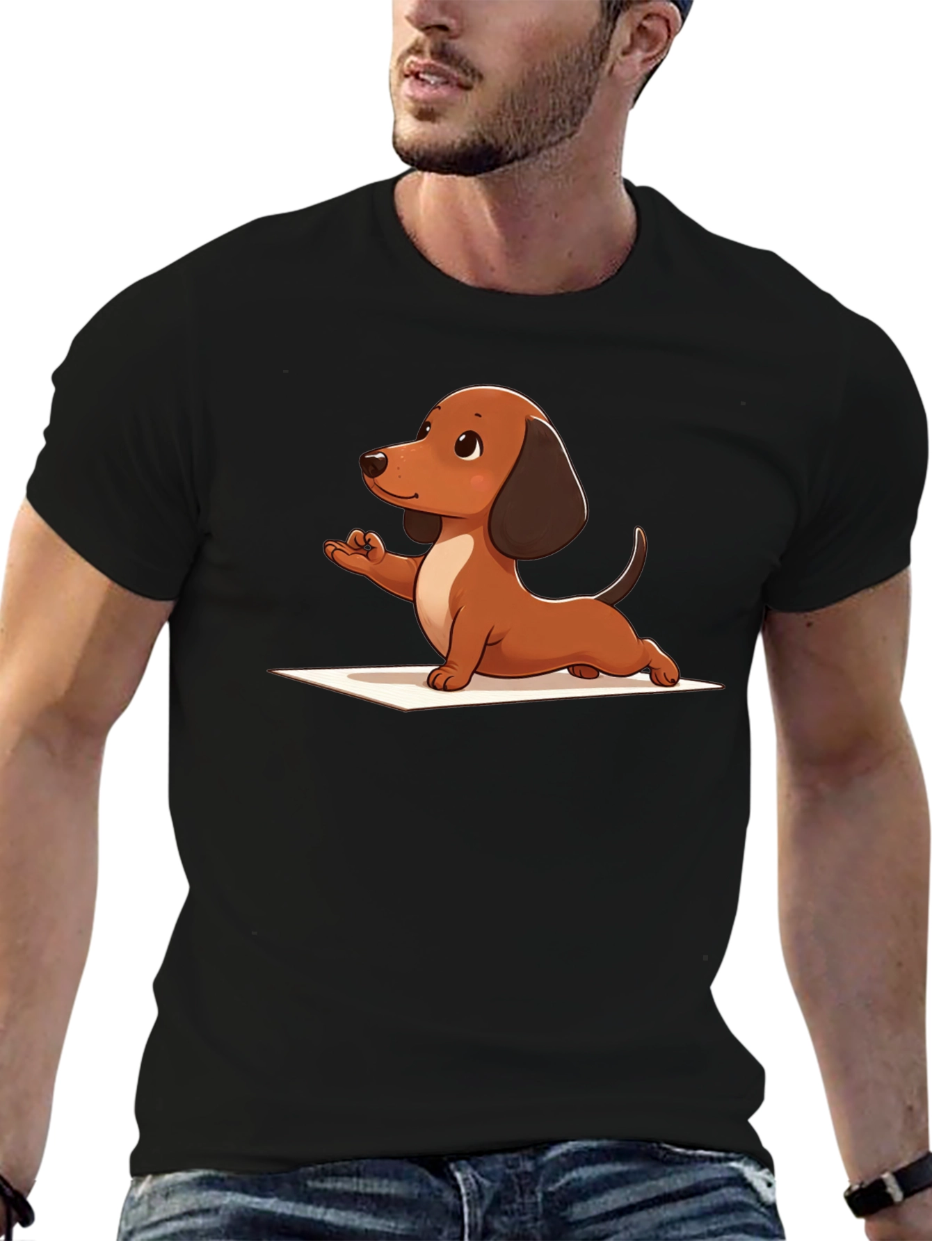 Black Yoga Dachshund Black T-Shirt view 6