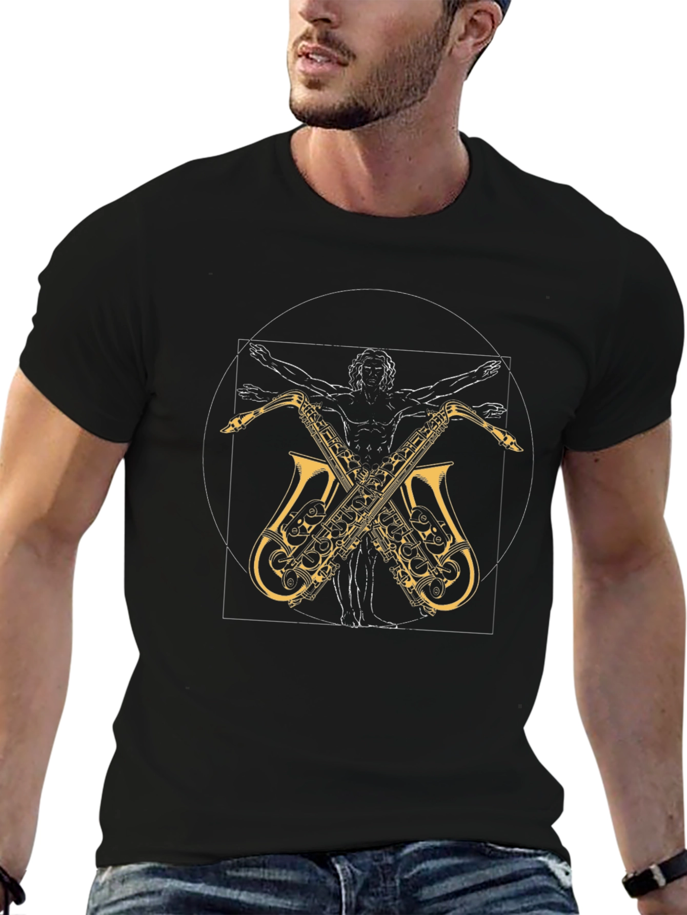 Black Vitruvian Man Saxophone T-Shirt view 6