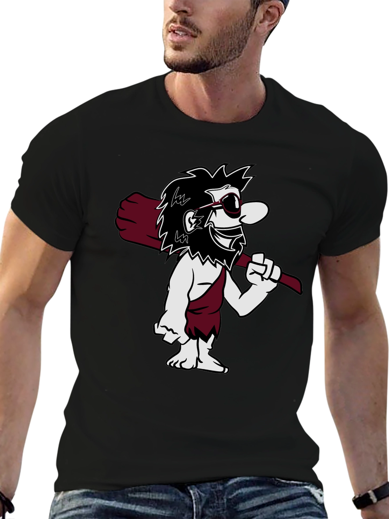 Black Cool Caveman Cartoon Graphic Tee - Black view 6