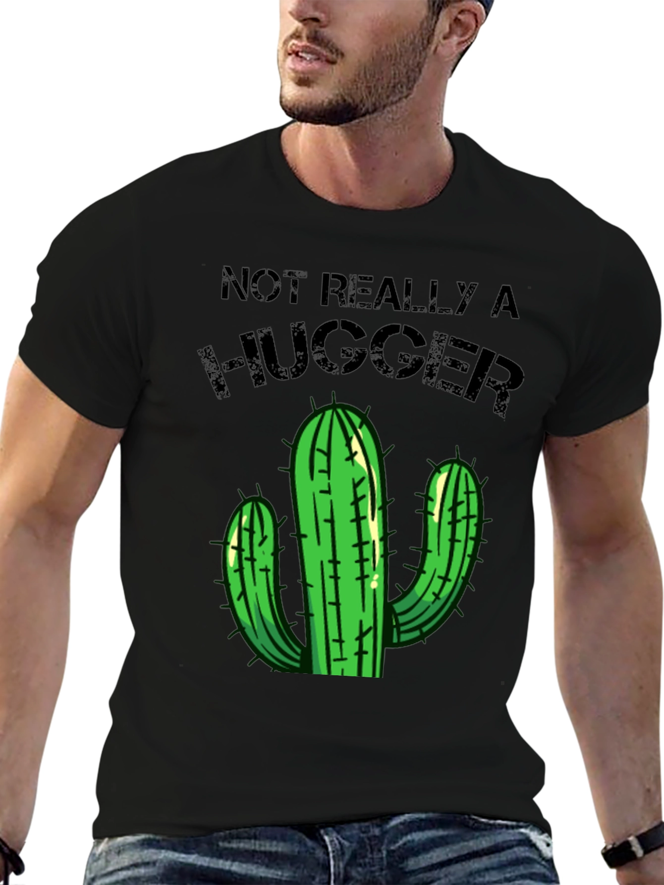 Black Not Really a Hugger T-Shirt Cactus Graphic Tee view 6