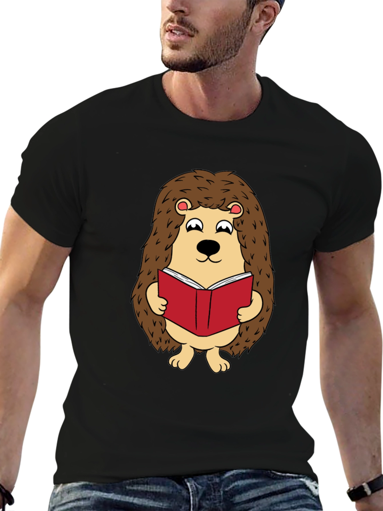 Black Cute Hedgehog Reading Book Graphic T-Shirt view 6
