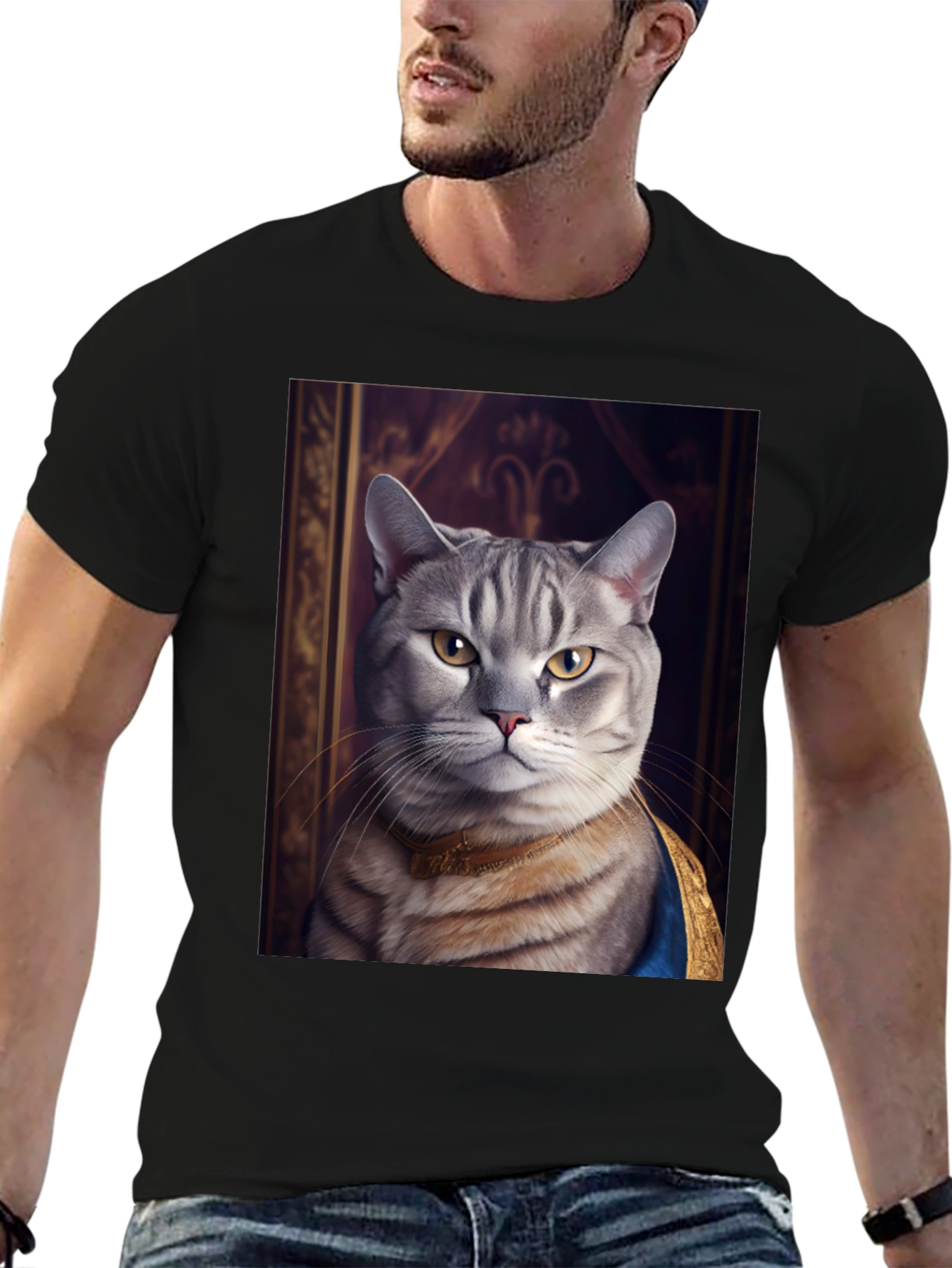 Black Regal Cat Portrait T-Shirt - Funny Pet Tee view 6