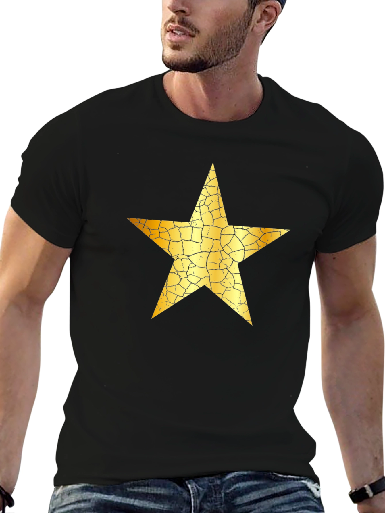 Black Cracked Gold Star Graphic Black T-Shirt view 6