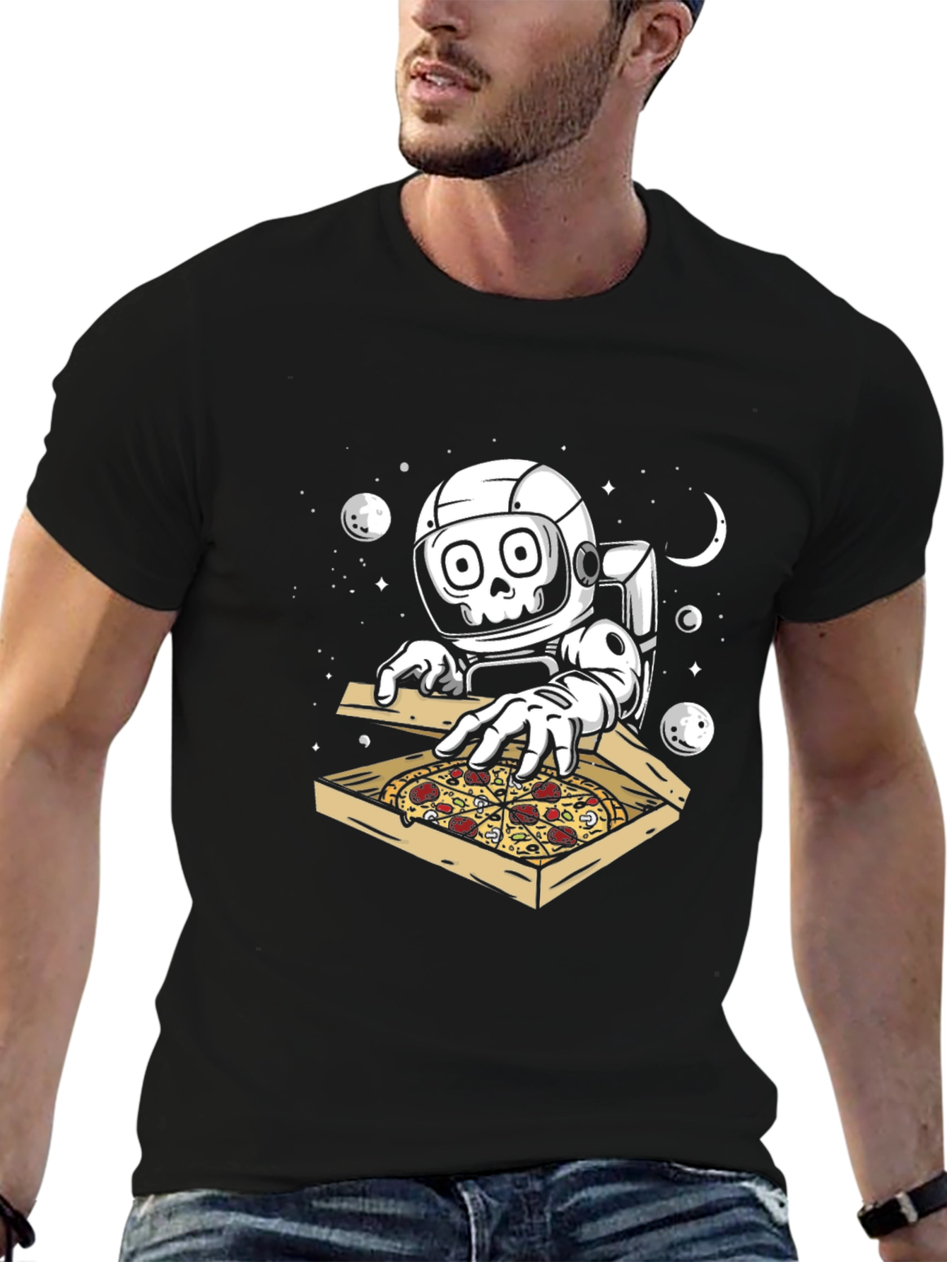 Black Astronaut Pizza Lover Graphic T-Shirt view 6