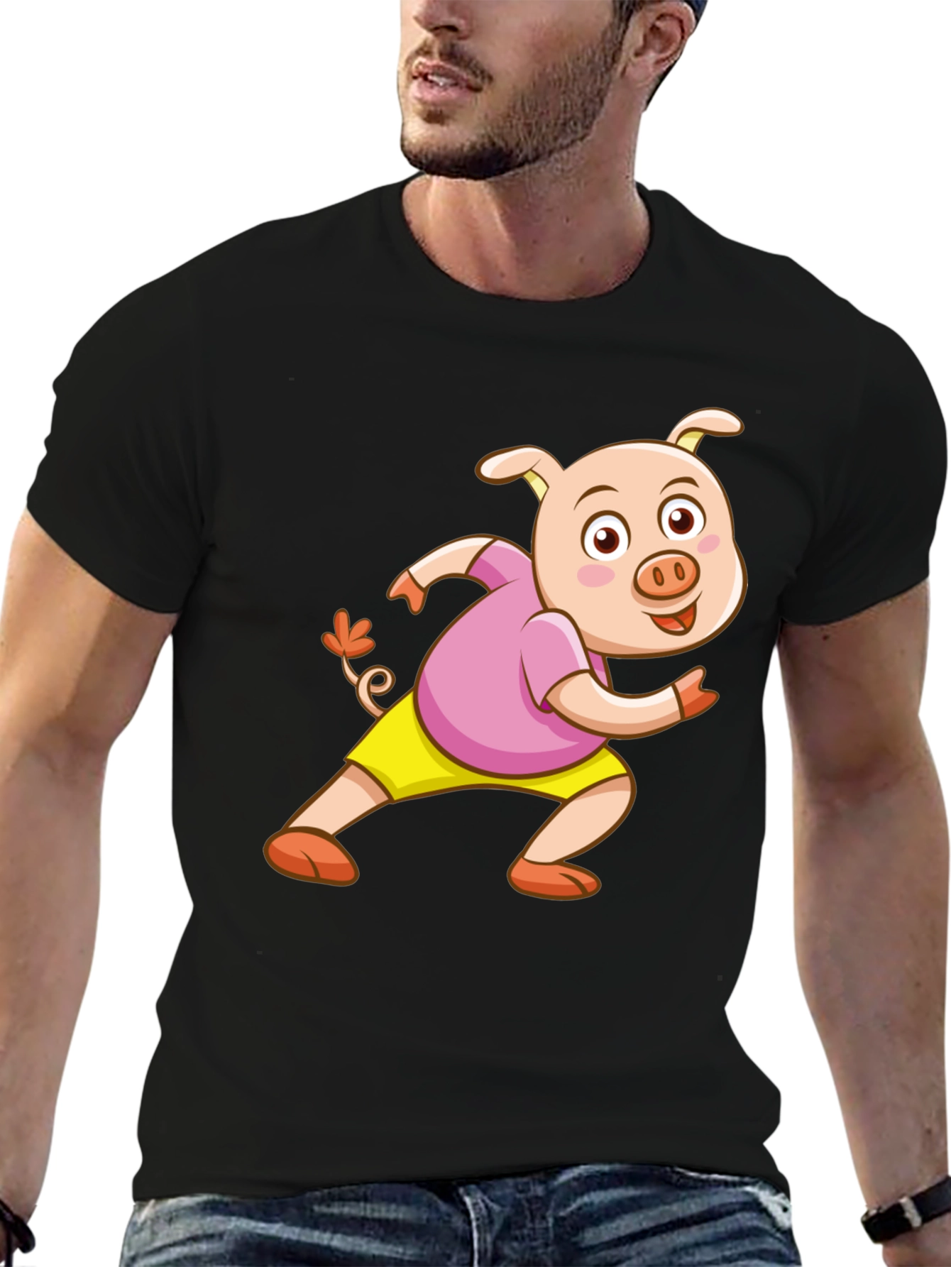 Black Cartoon Pig Black T-Shirt view 6