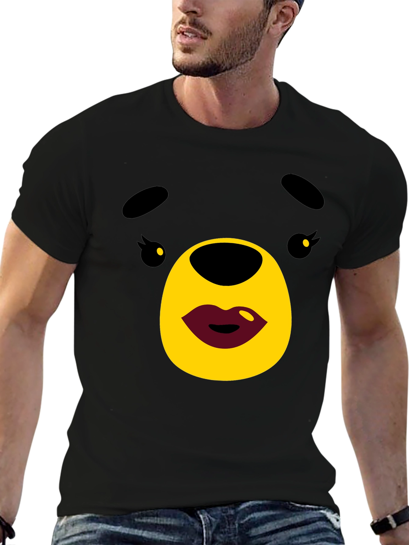 Black Cute Cartoon Bear Graphic Black T-Shirt view 6