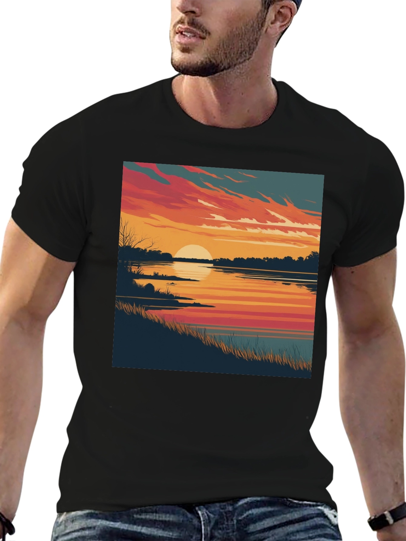 Black Sunset Lake Graphic Tee - Black Cotton Blend Comfort view 6