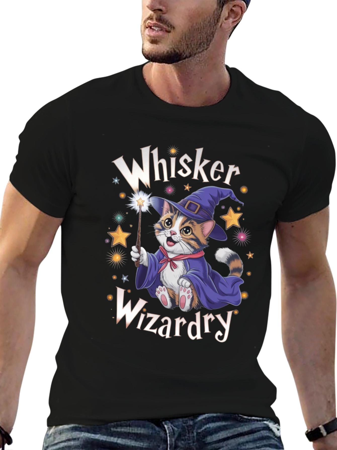 Black Whiskers Wizardry Cat T-Shirt view 6